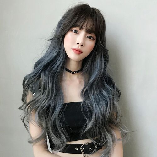 Long Wavy Gradient BlueGray Wig for Women Full Head Wig Fash