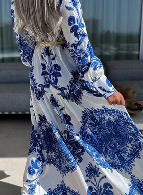 Elegant V Neck Office Long Shirt Dress Spring Fashion Print