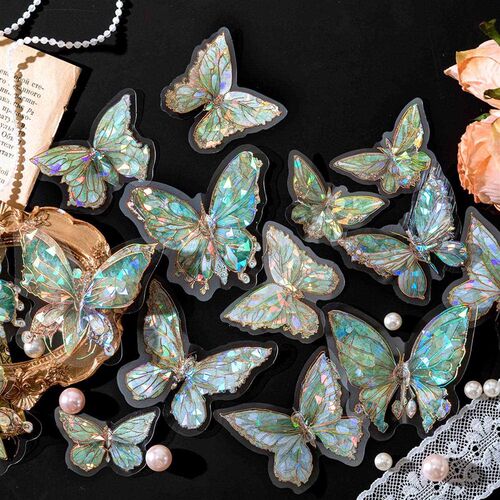 20pcs Ice Crystal Laser Butterfly Decorative PET Stickers Re