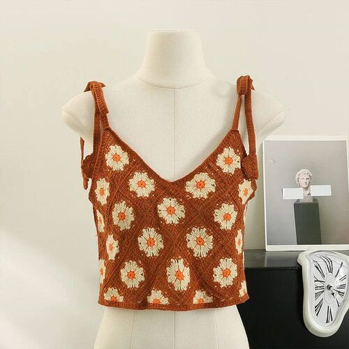 Floral Embroidery Sleeveless Crochet Top for Women Lace-up S