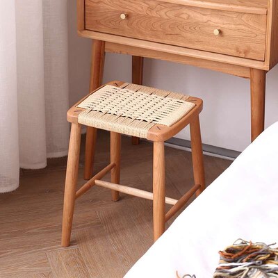 Nordic Solid Wood Square Stool Cherry Wood Rattan Low Stool