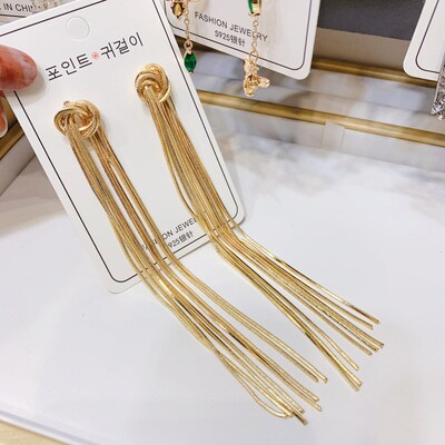 2021High-end luxury long metal tassel hanging earrings, gold