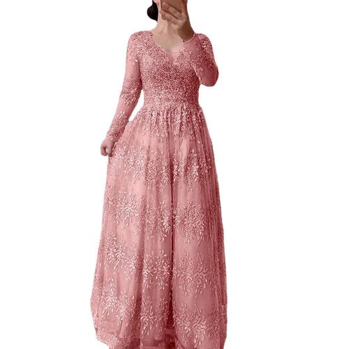 2023 Pink Lace Long Sleeve Mother of The Bride Gowns Elegant