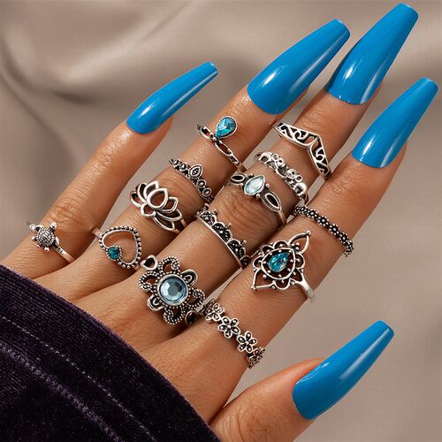 15pcs/set Hiphop Women Rings Sets Blue Crystal Antique Color