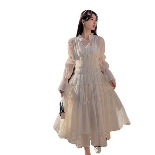 French Style Gentle Style Tea Break Dress Atmosphere Long Sl