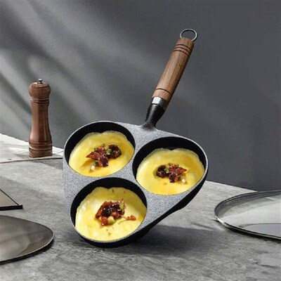 Cast Iron Burger Skillet with Wooden Handle 3 Holes Egg