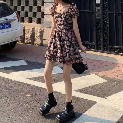New French floral dress, summer womens square collar, puff