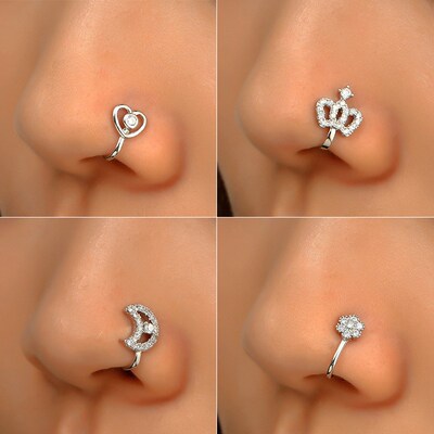 1Pc Copper Fake Piercing Nose Ring Heart Star Crown Clip On