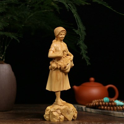 小叶黄杨木雕实木雕刻木质摆件民俗耕种传统人物农耕文化农妇丰收