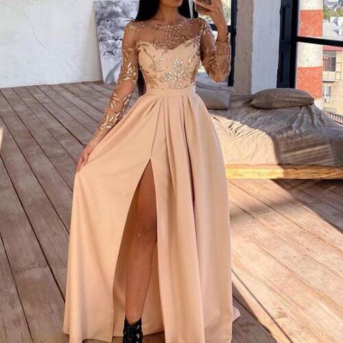 Lace Sleeve High Split Women Dress O-Neck High Split