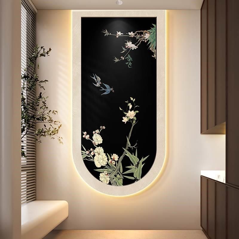 中古风玄关装饰画墨竹子入户拱形挂画法式复古竹报平安走廊壁灯画