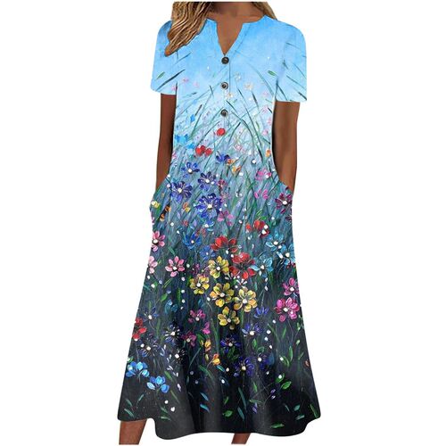 2025 Womens V-neck Button Short Sleeve Loose Large Swing Pr