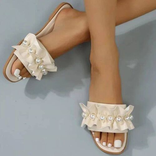Women Slides Faux Pearl Decor Ruffle Trim Sandals Open Toe