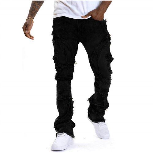Mens ripped slightly flared fringe stretch jeans T