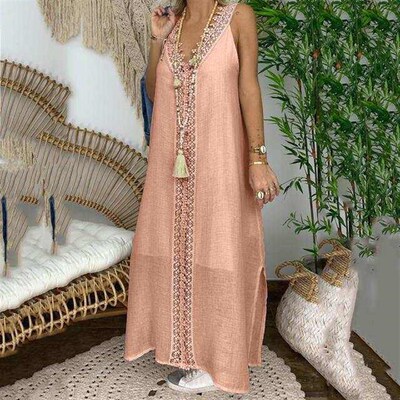 2023 Summer Lace Cotton Womens Long Dress V-neck Sleeveless