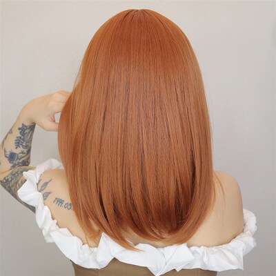 Orange MidLength Straight Wig w Air Bangs Japanese Korean Do