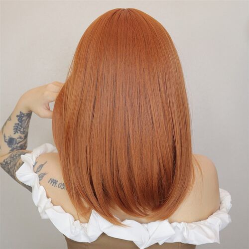 Orange MidLength Straight Wig w Air Bangs Japanese Korean Do