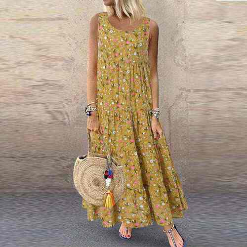 Crewneck high-waisted printed dress 圆领高腰印花长款连衣裙女