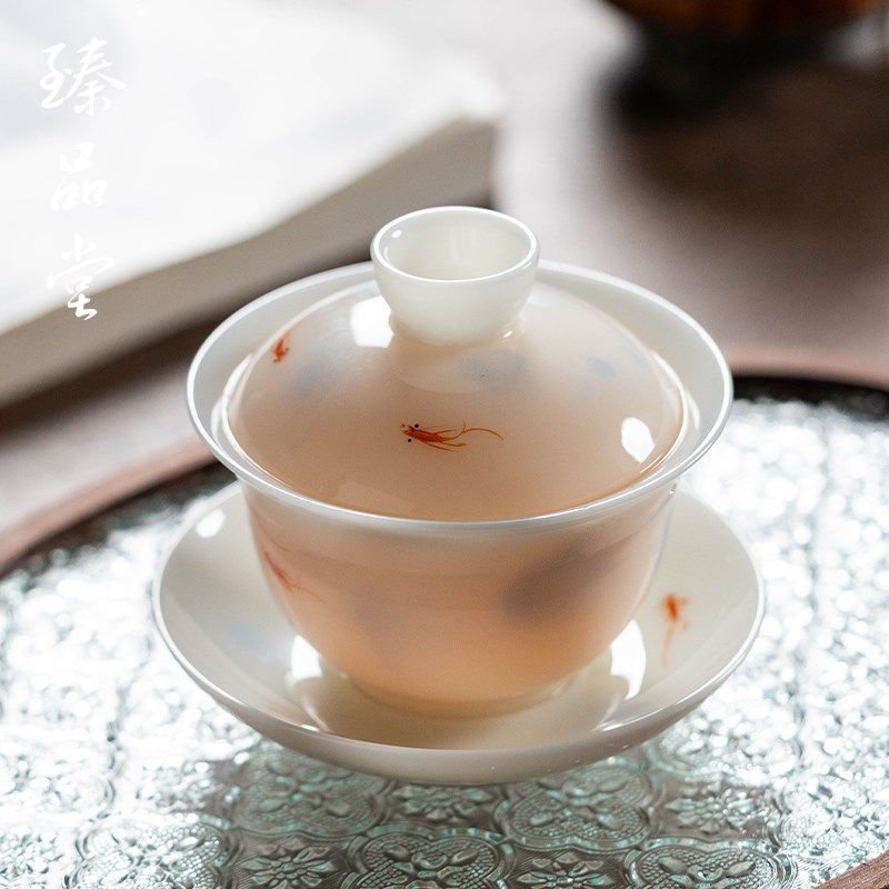 臻品堂 叶林强纯手绘冰种玉瓷三才盖碗陶瓷功夫泡茶碗茶具送礼