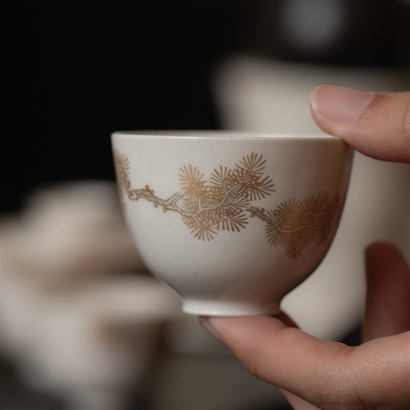 元无茶杯主人杯2024新款高端浅夕手工手绘描金松陶瓷草木灰品茗杯