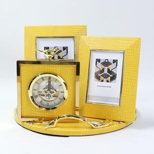 新中式皮革托盘组合新相中式皮革框样时HYHY-911钟面摆件板间卧桌