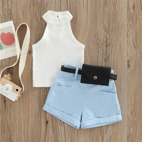 Little Girl Three-Piece Outfits Solid Color Sleeveless Ribbe
