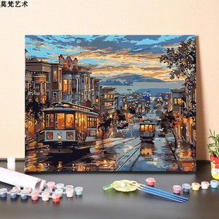 数字油画diy填充手工华灯璀璨城市填色手绘复古公交车油彩画画