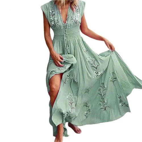 Bohemian Women Dress Floral Print Lace-up Tassel Large Hem D