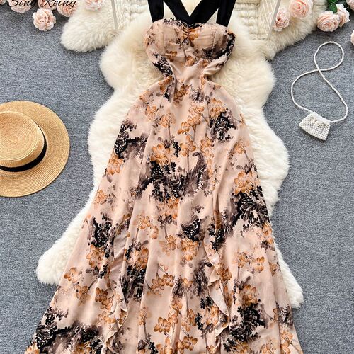SINGREINY Fashion Chiffon Print Strap Dress Backless
