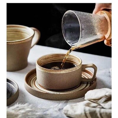 Ceramic Coffee Cup and Saucer Set Handmade Retro Art Milk