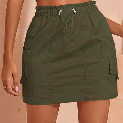 Women Fashion Cargo Mini Skirt Vintage Preppy Elastic Paperb