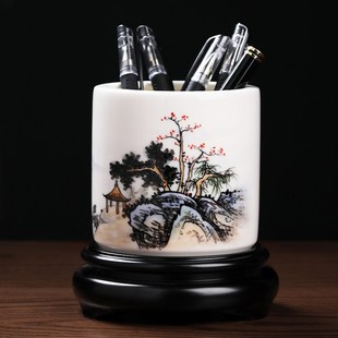 东方泥土 陶瓷手绘山水画笔筒摆件客厅书房博古架装饰送恩师礼品