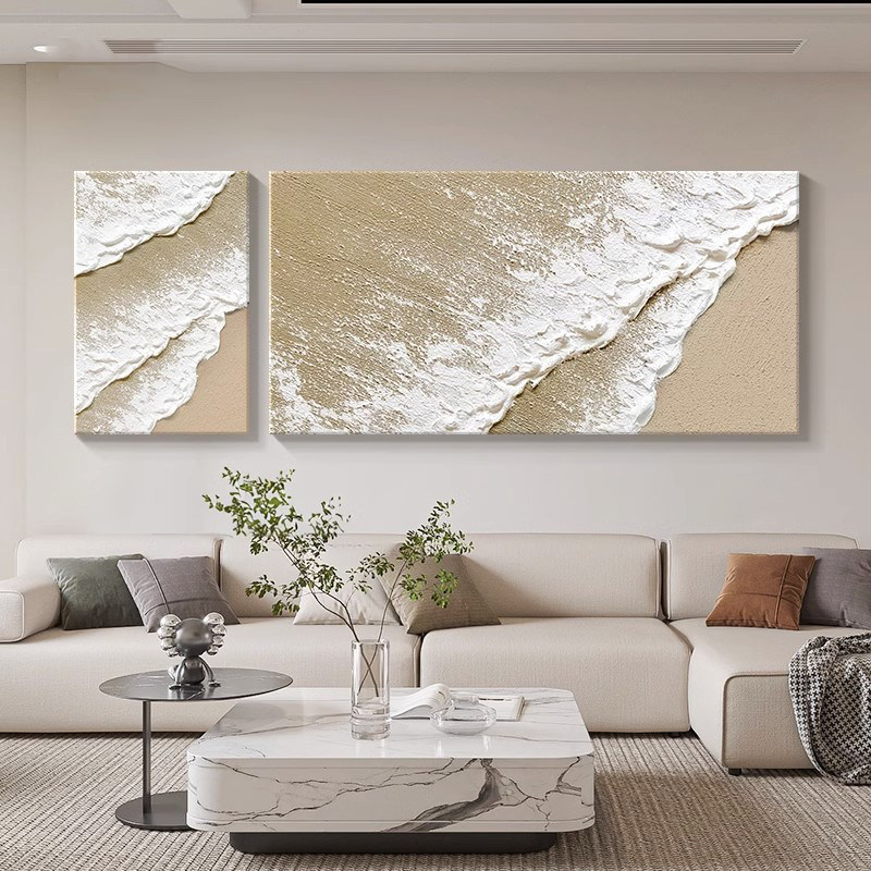 海浪立体感奶油风客厅装饰画高档砂岩画沙发背景墙肌理艺术无框画,家居饰品,现代装饰画,淘宝优惠券,粉丝福利购,淘宝优惠卷