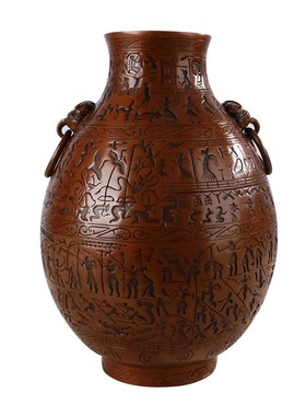 大仕缘紫铜仿古战国渔猎攻战纹铜壶铜花瓶开业商务礼品装饰摆件