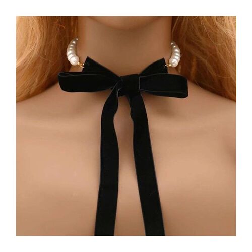 Punk Long Wide Black Velvet Ribbon Choker Bow Tie Simulated