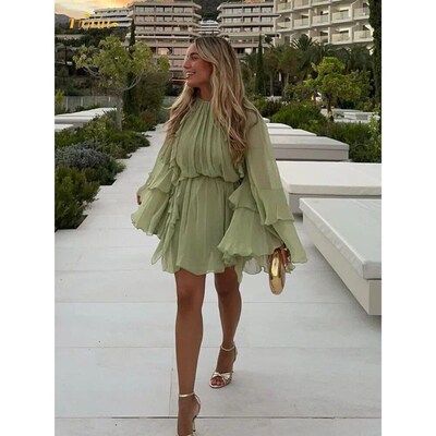 Round Neck Pleated Layered Ruffle Edge Womens Dress Elegant