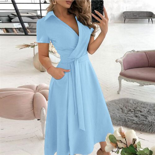 Summer Womens A-Line Dress Fashion Elegant Solid V-neck
