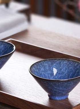 手工主人杯单杯青瓷哥窑蓝色冰裂纹品茗杯陶瓷高端功夫茶杯斗笠盏