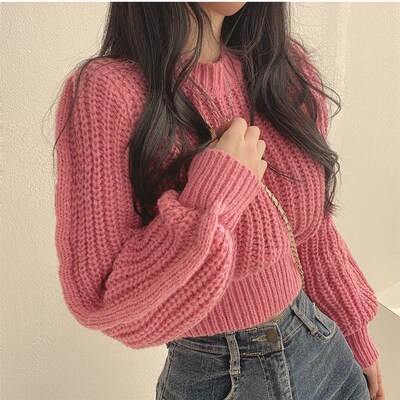 Korean-style Age-reducing Pink Puff Sleeve Soft Waxy Sweater