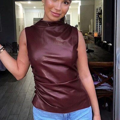 PU Leather Top Sleeveless Women Turtleneck Zipper Pleated As