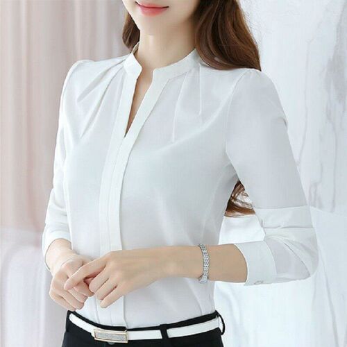 Spring Autumn White Blouses Office Shirts Women V-Neck Tops