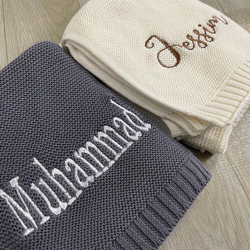 Cotton Knitted Blanket Personalized Embroidered Name Baby Bo