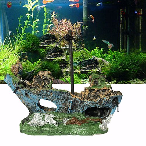 Small Landscaped Aquarium Pirate Fish Tank Boat Artificial O