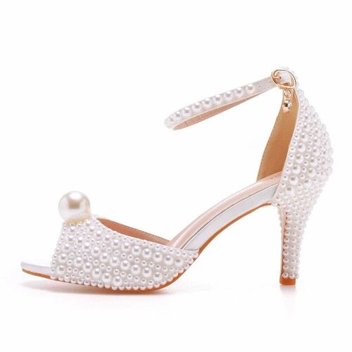 Crystal Queen White Pearl Sandals Women Open Toe High Heels
