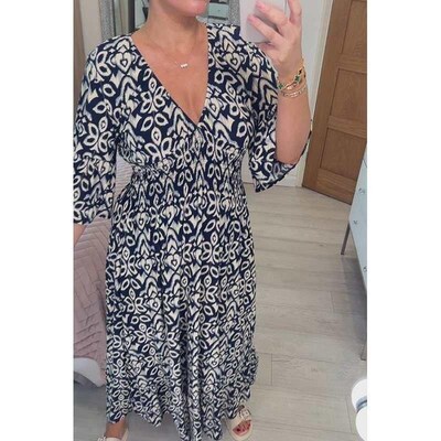 Bohemian Casual Print V-neck Elasticated Waist Wrap Long Dre