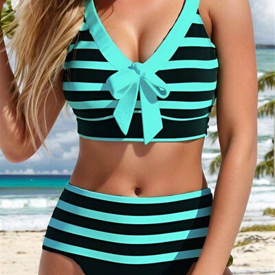 Solid Striped Sexy Bikini Womens Swimsuit Two-piece Bikini