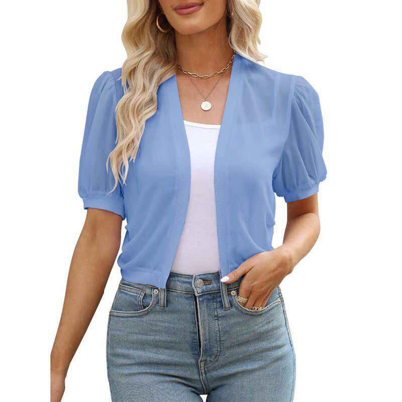 Women Puff Sleeve Bolero Open Front Summer Cropped Sheer