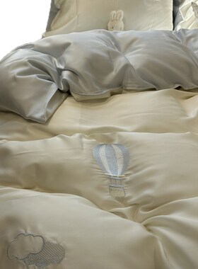 0s天丝裸睡夏天刺绣蓝色热气球四件凉感1.5m1.8莱赛尔纤维丝滑