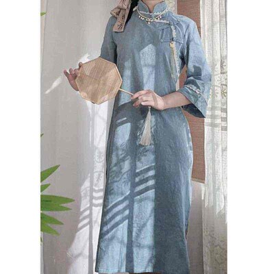2019Ancient cheongsam retro artistic cotton and linen dress,