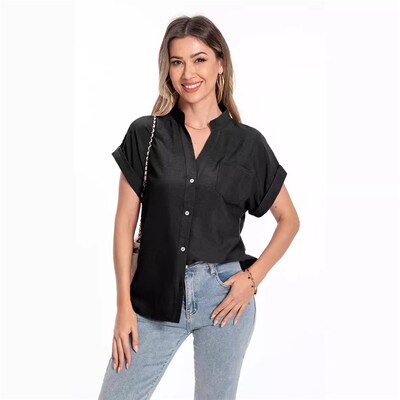 Solid lor Shirt For Women With Breasted Lapels tton Linen Lo
